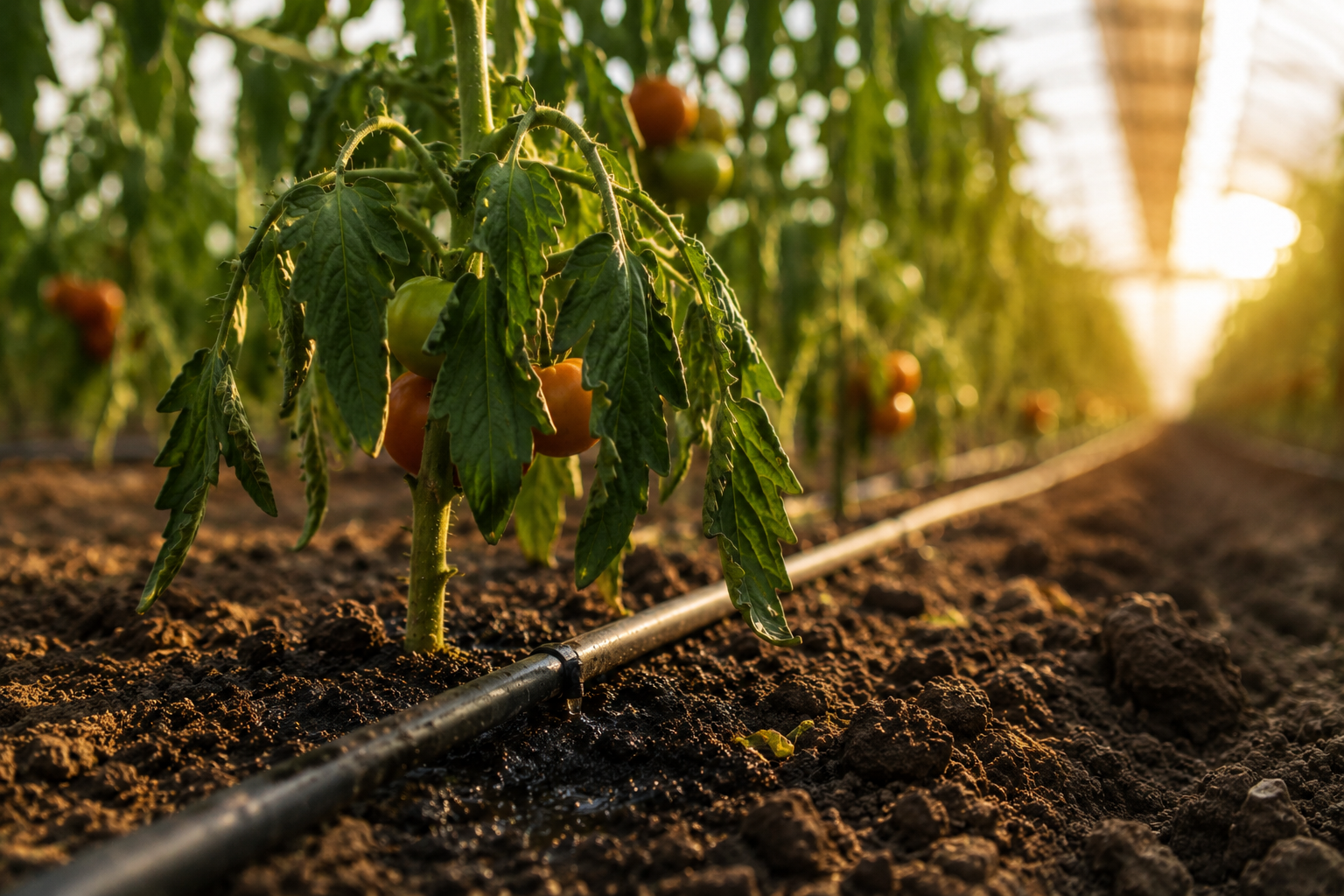 Planta de tomate marchita junto a una línea de riego por goteo