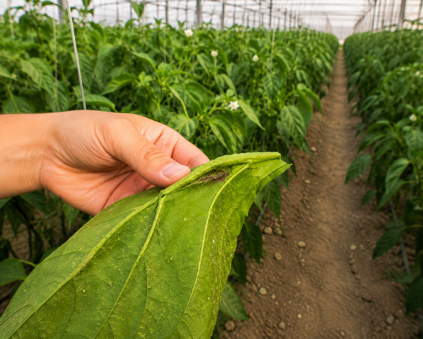 pepper leaf damage Agricultor inspeccionando una hoja de pimiento con síntomas de Thrips parvispinus en un cultivo protegido.
