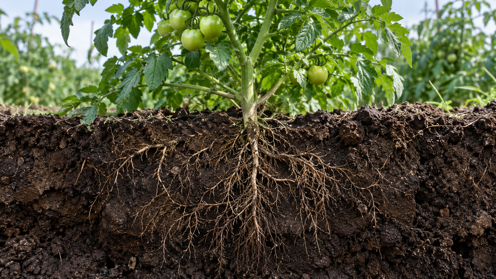 Sistema radicular de una planta de tomate en el suelo, relacionado con la absorción de agua y nutrientes
