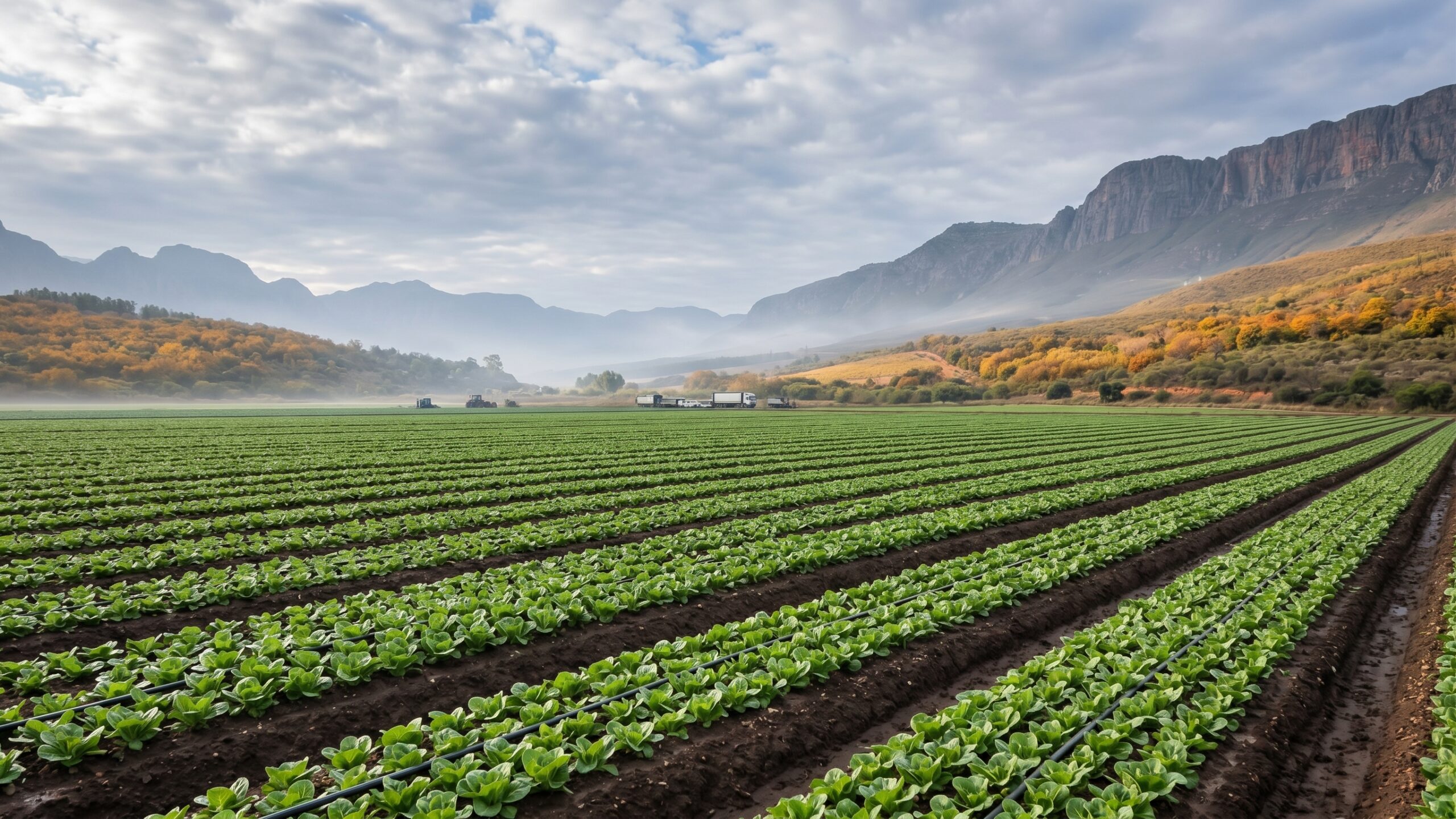 Cultivo de lechuga en otoño con riego por goteo y paisaje agrícola al fondo